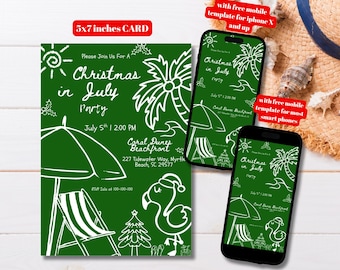 Editable Green Hand Drawn Christmas in July Party Invitation Template, Printable July Christmas Invitation, Christmas Summer Party Invite