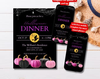 Editable Pink Black Halloween Party Invitation Template, Printable Pink Pumpkin Halloween Party Invite, Adults Spooky Night Party Invitation