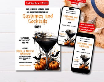 Editable Costumes and Cocktails Halloween Party Invitation Template, Printable Adult Halloween Party Invite, Spooky Cocktail Party Invite