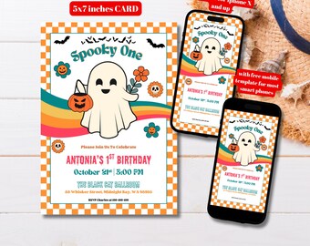 May include: A Halloween-themed invitation card with a cartoon ghost holding a pumpkin and flower. The card is 5x7 inches and features the text "Spooky One" and "Antonia's 1st Birthday". Includes mobile templates for iPhone X and up, and most smartphones.