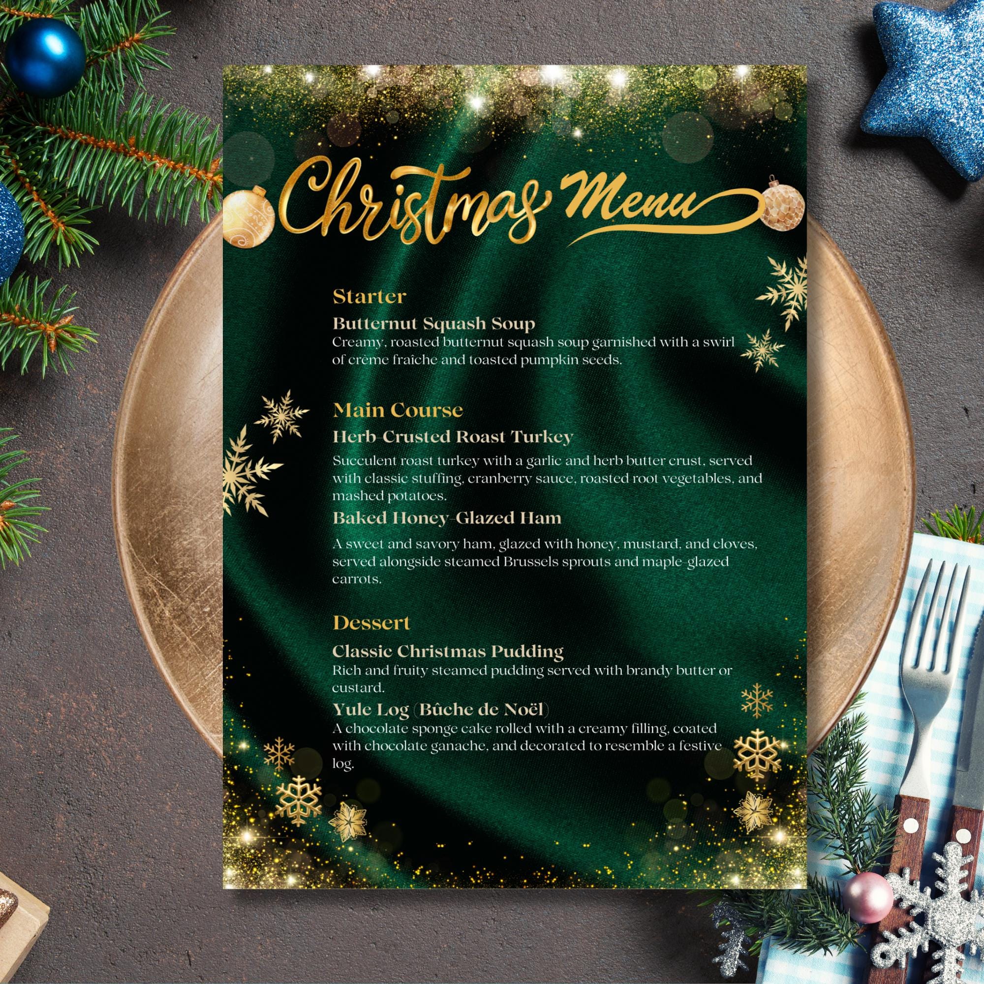 Editable Green Christmas Dinner Menu Template, Elegant Emerald