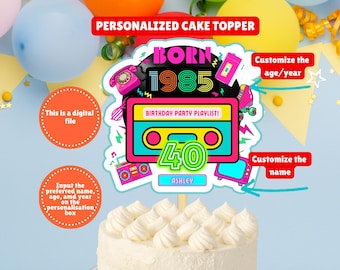 Personalized Neon Cassette Tape Born 1985 Cake Topper, Custom Back to 80's 40th Bday Cake Topper, Printable Neon Retro 40th Bday Cake Topper