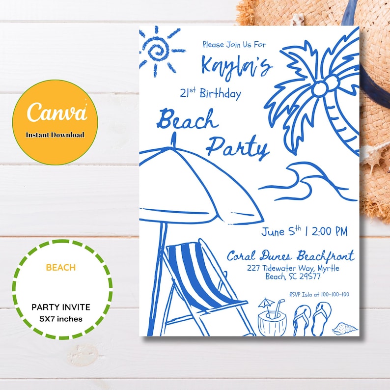 Editable Hand Drawn Beach Birthday Party Invitation Template, Printable ...