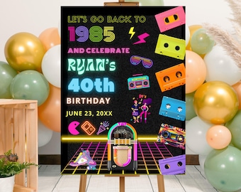 May include: A black and neon-colored birthday party sign with the text "Let's go back to 1985 and celebrate Ryan's 40th Birthday June 23, 20XX". The sign features retro 80s graphics like cassette tapes, a boombox, and a jukebox.