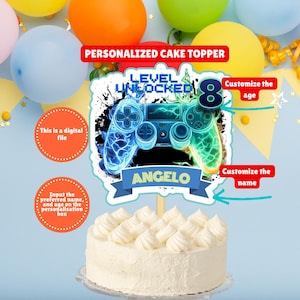 Personalized Blue Video Game Party Cake Topper, Custom Gamer Birthday Cake Topper, Game Party Topper, Level Unlocked Birthday Cake Topper