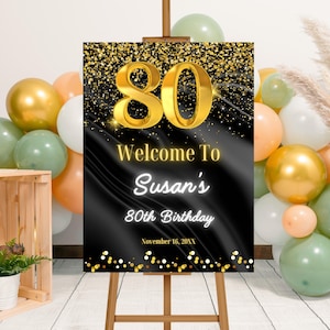 Editable Black Gold 80th Birthday Welcome Sign Template, Printable Black Gold Birthday Welcome Sign Board, Gold Glitter Birthday Party Sign