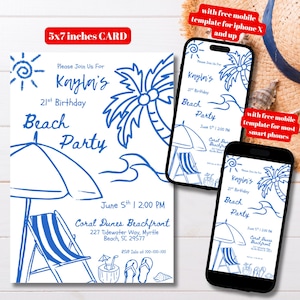 Editable Hand Drawn Beach Birthday Party Invitation Template, Printable Blue Doodle Beach Party Invite, Whimsical Birthday Ocean Party