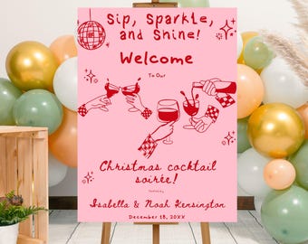 Redigerbar handritad mall för välkomstskylt för julcocktailparty, utskrivbar att skapa spritdrycker, ljus välkomstaffisch, illustrerad jul