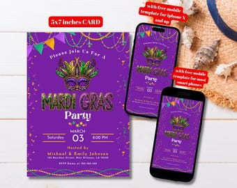 Editable Mardi Gras Party Invitation Template, Printable Mardi Gras Party Invite, Masquerade Party Invitation, Mardi Gras Birthday Invite