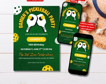 Editable Green and Yellow Pickleball Birthday Party Invitation Template, Printable Racquet club party invite, Pickleball tournament