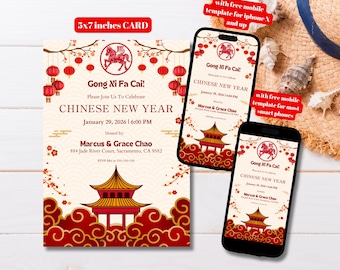 Modello di invito modificabile per il capodanno cinese, invito stampabile per la festa del capodanno lunare con lanterna rossa dell'anno del cavallo, invito mobile