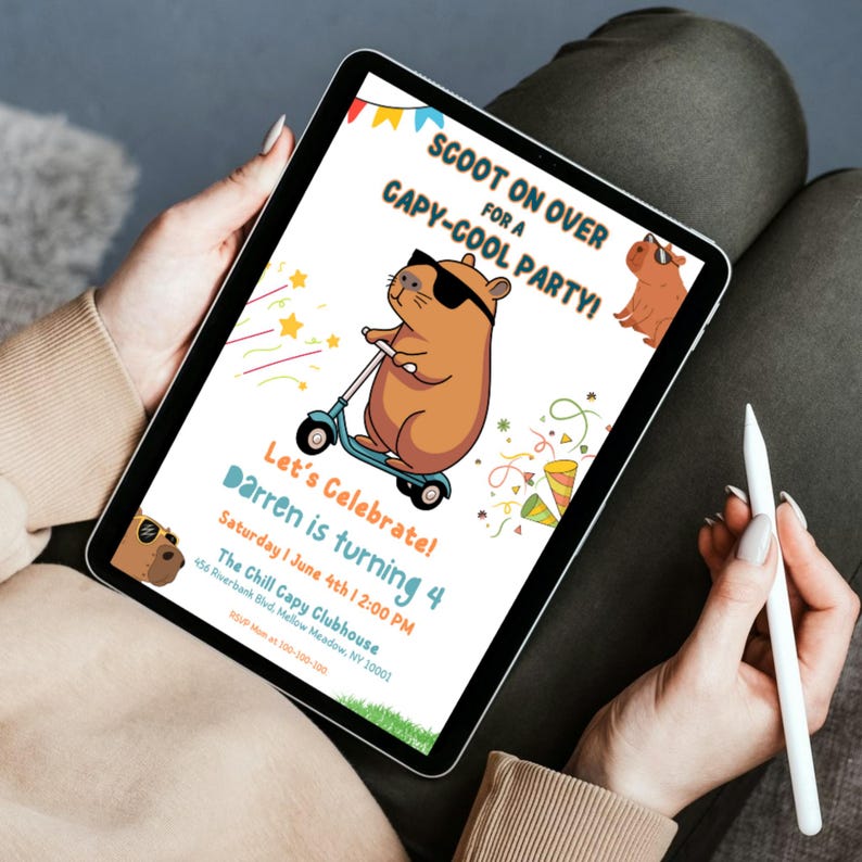 K&ouml;nnte beinhalten: Eine digitale Einladung zu einer Geburtstagsfeier mit einem Comic-Capybara, das auf einem Roller f&auml;hrt. Die Einladung ist f&uuml;r Darren's 4. Geburtstagsfeier im The Chill Capy Clubhouse am 1. Juni um 14:00 Uhr. Die Einladung hat ein farbenfrohes Design mit Sternen, Konfetti und einem Capybara mit Sonnenbrille.