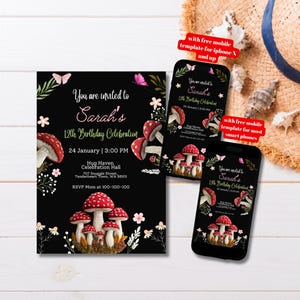 Editable Mushroom Birthday Party Invitation Template, Printable Mushroom Invitation, Woodland Birthday Invitation, Enchanted Forest Invite