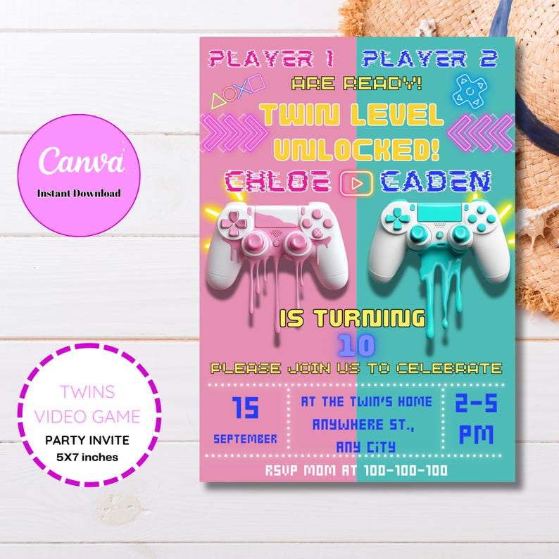 Modèle d'invitation de fête d'anniversaire de jumeaux, jeu vidéo de ...