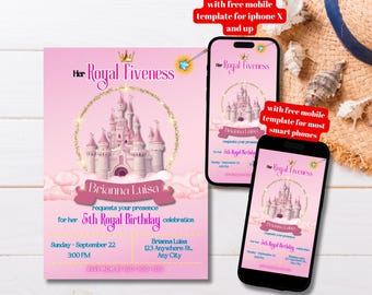 Editable Her Royal Fiveness Invitation Template, Printable Royal Fiveness Bday Invite, Princess Party Invite, Pink Princess Castle Party