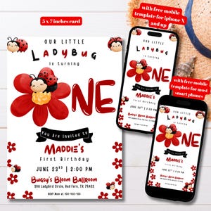 Editable Ladybug 1st Birthday Invitation Template, Printable Ladybug First Birthday, Ladybug Birthday, Ladybug Birthday Party, Bugs Invite