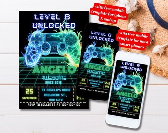 Invitación para fiesta de videojuegos, invitación de cumpleaños para gamers editable e imprimible, plantilla de Evite, videojuegos, fiesta de juegos, invitación de cumpleaños de nivel desbloqueado