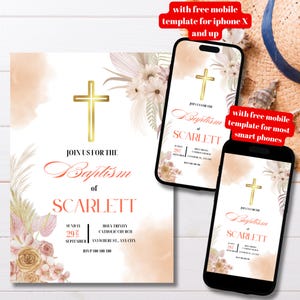Modelo de convite de batismo Boho Blush editável, convite de batismo Boho para impressão, convite de batismo Boho, batismo de rosas cor de rosa Pampas Grass