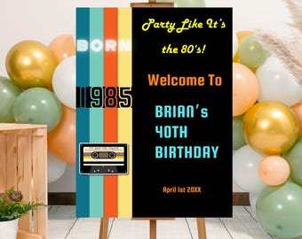 Bewerkbare back to the 80s party-welkomstbordsjabloon, afdrukbare 80s party-welkomstposter, cassettebandje feestdecor, 41e verjaardag welkomstbord