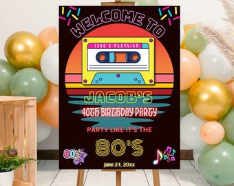 Editable 80s Birthday Party Welcome Sign Template, Printable Retro Cassette Tape Welcome Back to the 80s Vintage Bday Party Welcome Poster