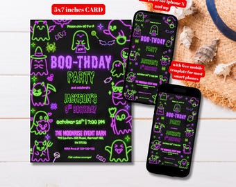 Editable Neon Green and Purple Halloween Birthday Party Invitation Template, Printable Glow Halloween Party Invite, Spooky Costume Party