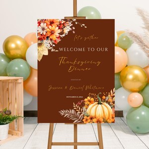 Editable Pumpkin Fall Floral Thanksgiving Welcome Sign, Printable Thanksgiving Dinner Welcome Poster, Burnt Orange Thanksgiving Party Sign
