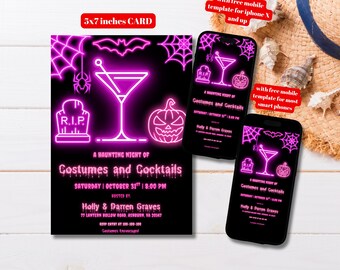 Editable Neon Halloween Costumes And Cocktails Party Invitation Template, Printable Neon Cocktail Halloween Invite, Neon Halloween Party