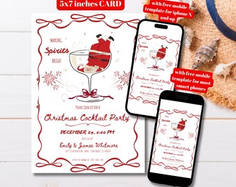 Editable Making Spirits Bright Christmas Cocktail Party Invitation Template, Printable Christmas Party Invitation, Whimsical Hand Drawn Xmas