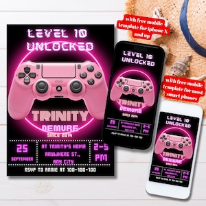 Bearbeitbare rosa Videospiel-Geburtstagseinladungsvorlage, druckbare Videospielparty lädt für Mädchen ein, rosa Mädchen-Gamer-Bday-Partyeinladung