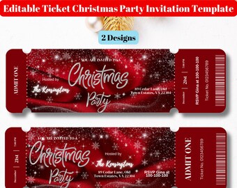 Editable Red and Silver Christmas Party Ticket Invitation Template, Printable Holiday Party Ticket Invite, Christmas Party Voucher Invite