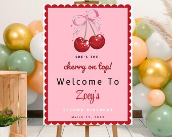 Editable Cherry Party Decor Template, Printable Cherry on Top Birthday Party Welcome Poster, Cherry Birthday Welcome Sign, Coquette Cherry