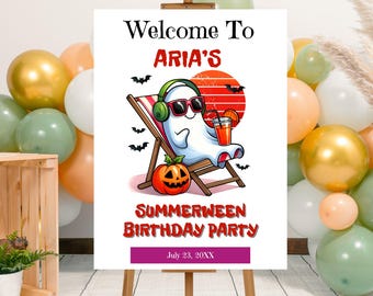 Plantilla editable de cartel de bienvenida para fiesta de cumpleaños de verano, póster imprimible de bienvenida para Halloween en verano, cartel de cumpleaños de verano