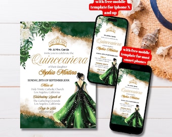 Editable Emerald Green Dress Princess Quinceañera Invitation Template, Printable Mis Quince Emerald Green Gold Bday Invite,Quince 15 16 Bday