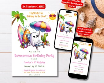 Editable Summerween Birthday Party Invitation Template, Printable Summer Halloween Party Invite, Summerween Pool Party, Halloween in Summer