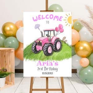 Editable Pink Tractor Birthday Party Welcome Sign Template, Printable Farm Tractor Party Welcome Poster, Girl Barnyard Birthday Party Sign