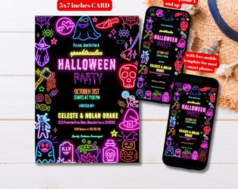 Editable Neon Halloween Party Invitation Template, Printable Spooky Neon Halloween Party Invite, Neon Costume Party Invite, Glow Party