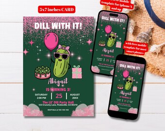 Bearbeitbare Vorlage für eine glitzernde rosa Gurken-Geburtstagseinladung, druckbare Einladung „Dill With It“ mit rosa Gurkenmotiv, süße Gurken-Geburtstagseinladung