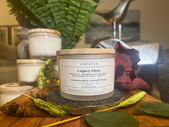 Legacy Glow Candle – Cultural Heritage Aromatherapy – Hibiscus & Vetiver Scented Soy Candle