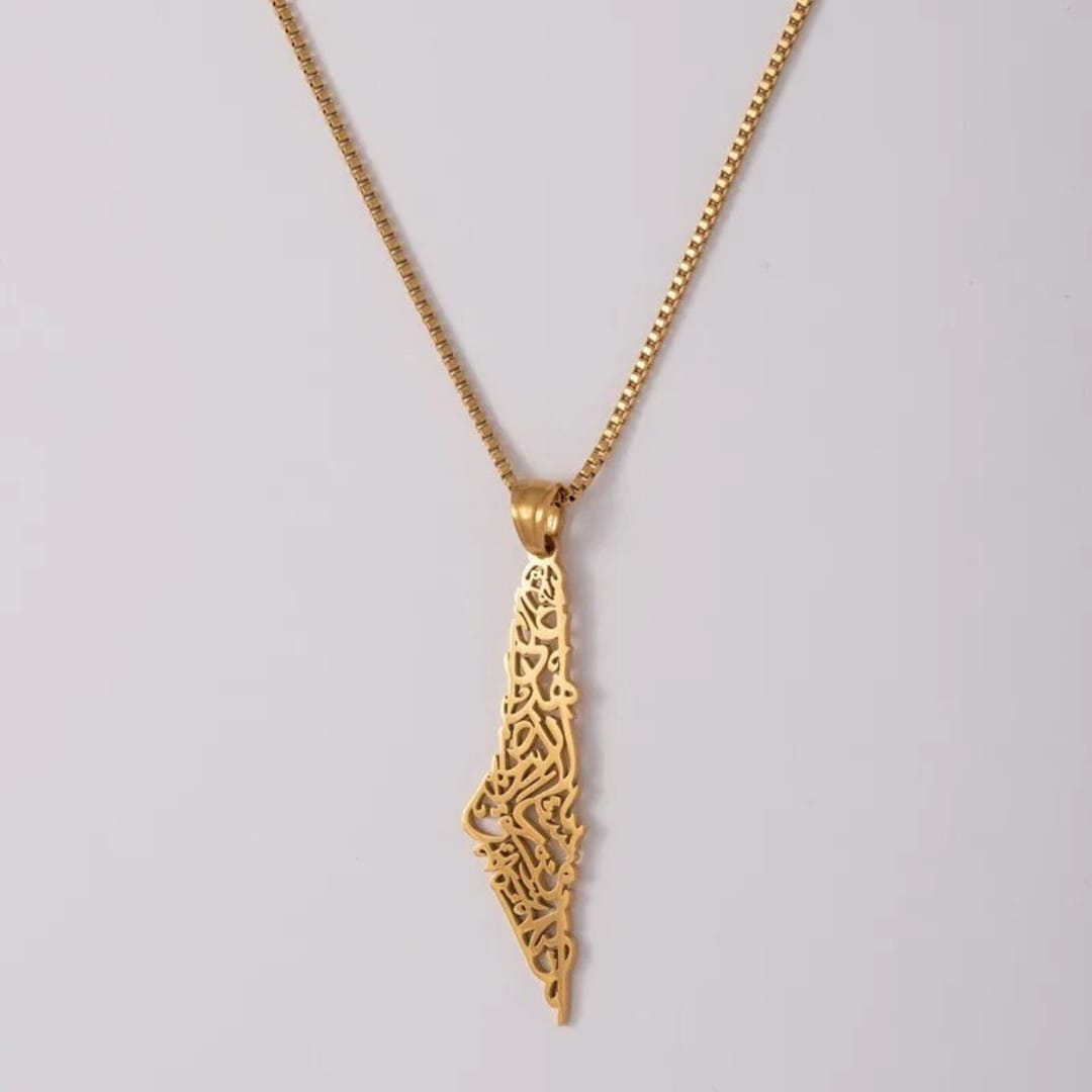 Palestine Map Necklace 18k Gold Plated Mahmoud Darwish Calligraphy Poem