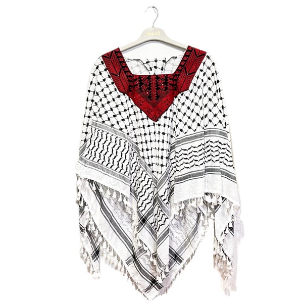 Palestinian Tatreez Poncho | Embroidery Red, White & Black | Palestine Keffiyeh Style