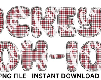 May include: A digital design featuring the words "BUCKEYES OH-IO" in a playful, bubble-style font. The letters are filled with a red, white, and gray plaid pattern, outlined in gray, with a cursive overlay. The words are set against a white background.