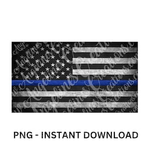 May include: A black and white American flag with a thin blue line across the middle. The flag is distressed and has a grunge effect. The text "Angelines Creations" is repeated in white on the flag.