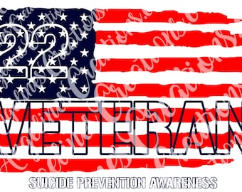 May include: A distressed American flag design with the number 22 in blue and white stars, the word "Veteran" in black, and the text "Suicide Prevention Awareness" at the bottom.