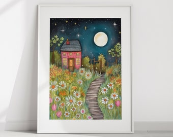Flower Moon Digital Print, May Full Moon, Moon Magic, Floral Print, Altar Art, Whimsical Art, Kids Room Decor, Spring Home Decor, Moon Art