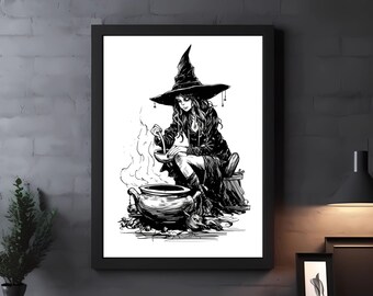 Witches Brew Digital Print, Witch Aesthetic, Quirky Wall Art, Black and White Art, Witch Home Decor, Printable Wall Art, Gothic Wall Art