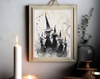 The Sisterhood Digital Print, Witch Wall Art, Mystical Fantasy Art, Girls Bedroom Art, Witchy Gift Idea, Black and White Art, Witch Print