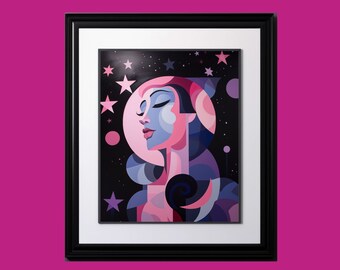 The Pink Moon Digital Print, Celestial Wall Art, April Full Moon Printable, Geometric Lunar Art, Instant Download, April Birthday Gift