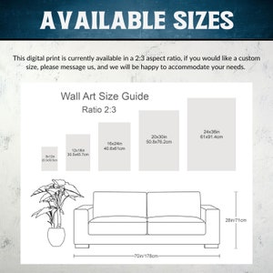 May include: A guide to available sizes for wall art prints in a 2:3 aspect ratio. The guide shows different sizes in inches and centimeters, with a visual representation of how the prints would look on a couch.
