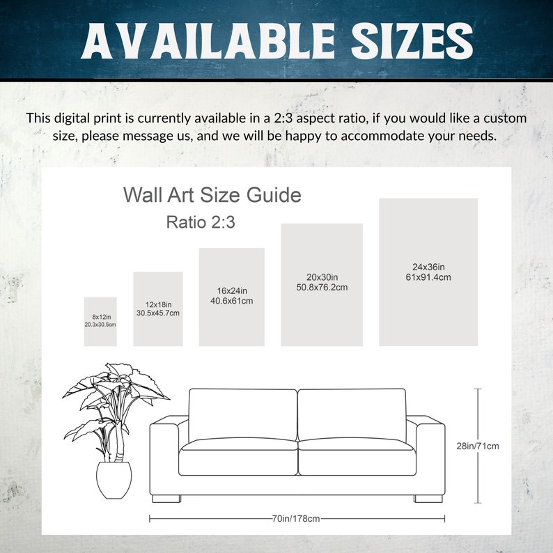 May include: A guide to available sizes for wall art prints in a 2:3 aspect ratio. The guide shows different sizes in inches and centimeters, with a visual representation of how the prints would look on a couch.