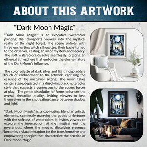 May include: A watercolor painting titled "Dark Moon Magic" depicts three figures silhouetted against a full moon in a dark forest. The painting has a dreamlike quality with soft colors and a dissolving effect.